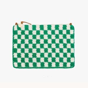 Clare V. Green and Cream Checkered Crochet Flat Clutch with tabs